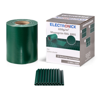 Electronicx PVC Privacy Screen | Privacy Screen Roll Moss Green RAL 6005 | Double-Post Fences | 35m x 19cm | 650g/m² Premium Quality | Extra Strong | Including 20 Mounting Clips