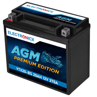 Electronicx YTX20-BS AGM Motorcycle Battery 12V 20Ah 270A/EN – Maintenance-Free, Pre-Charged, Positive Terminal Left
