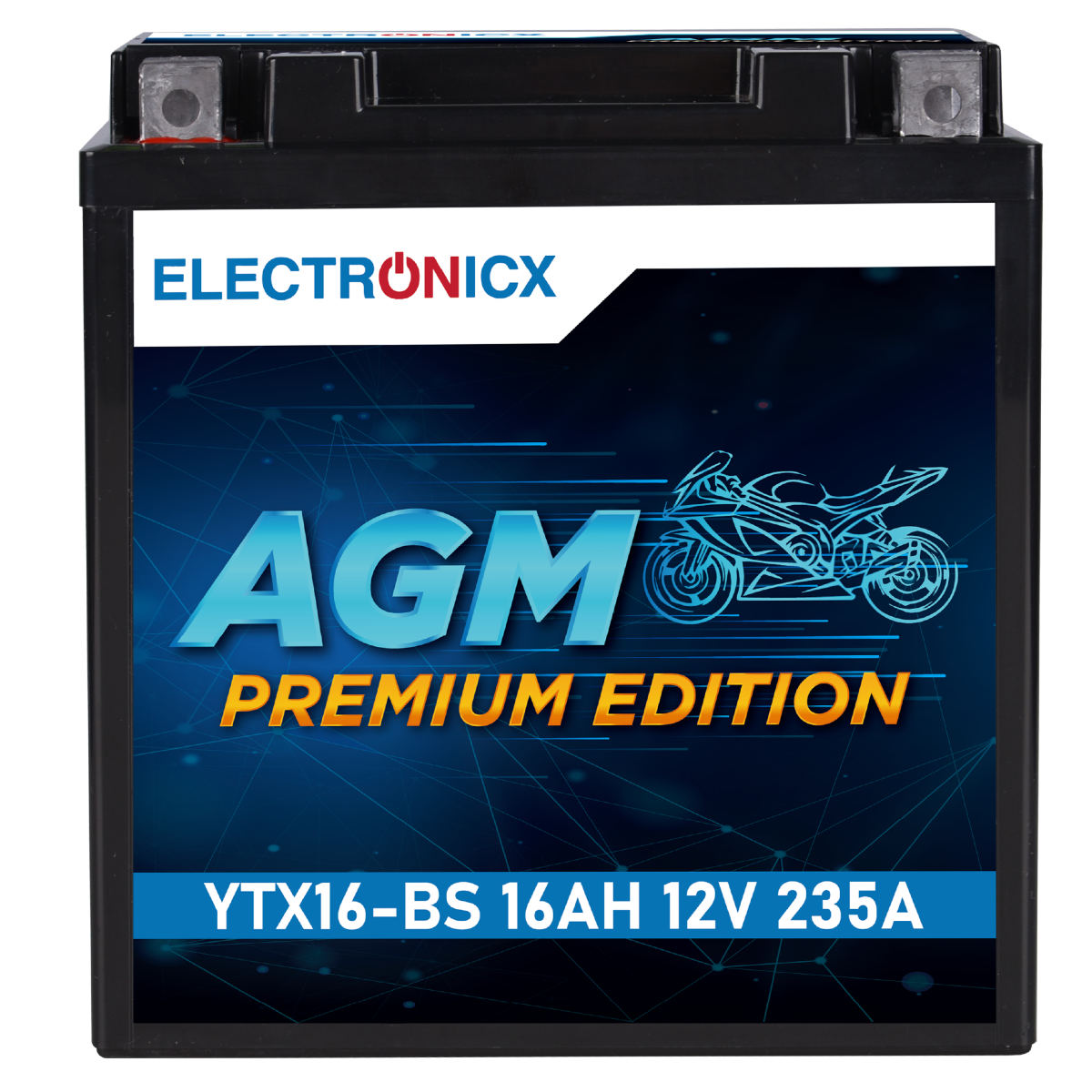 Electronicx YTX16-BS AGM Motorcycle Battery 12V 16Ah 235A/EN - High-Performance AGM Battery, maintenance-free & leak-proof