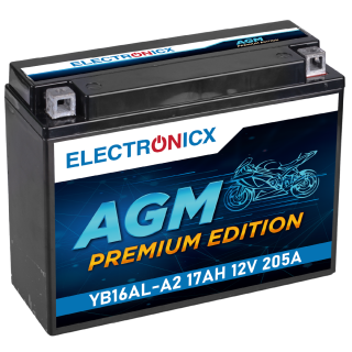 Electronicx AGM Motorradbatterie 12V 17Ah 205A/EN YB16AL-A2 - Wartungsfrei, Langlebig, Hohe Startleistung - Ersatz für, 51616