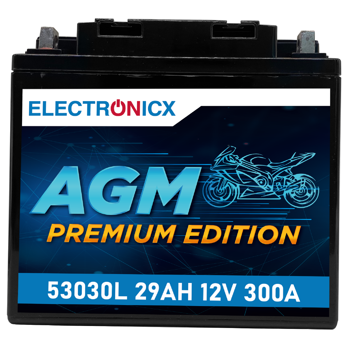 Electronicx AGM Motorcycle Battery 53030L – 12V 29Ah 300A/EN – Maintenance-Free, Leakproof, High Starting Power, Ideal for ABS & Off-Road