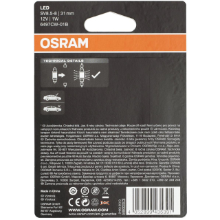 OSRAM LED Premium Retrofit SV8.5-8 31mm, C5W, interior lights, 6497CW-01B, Cool White, 12V, single blister (1 piece)