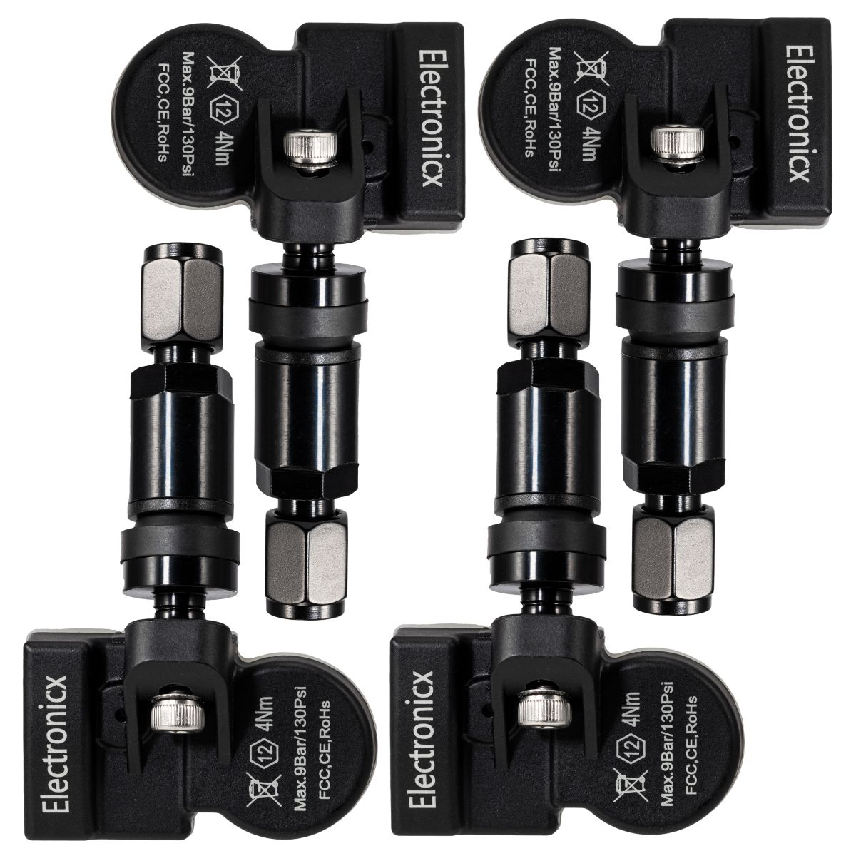 4x Tire Pressure Sensors TPMS Sensors Metal Valve Black for Opel/Vauxhall Insignia 2014-2017